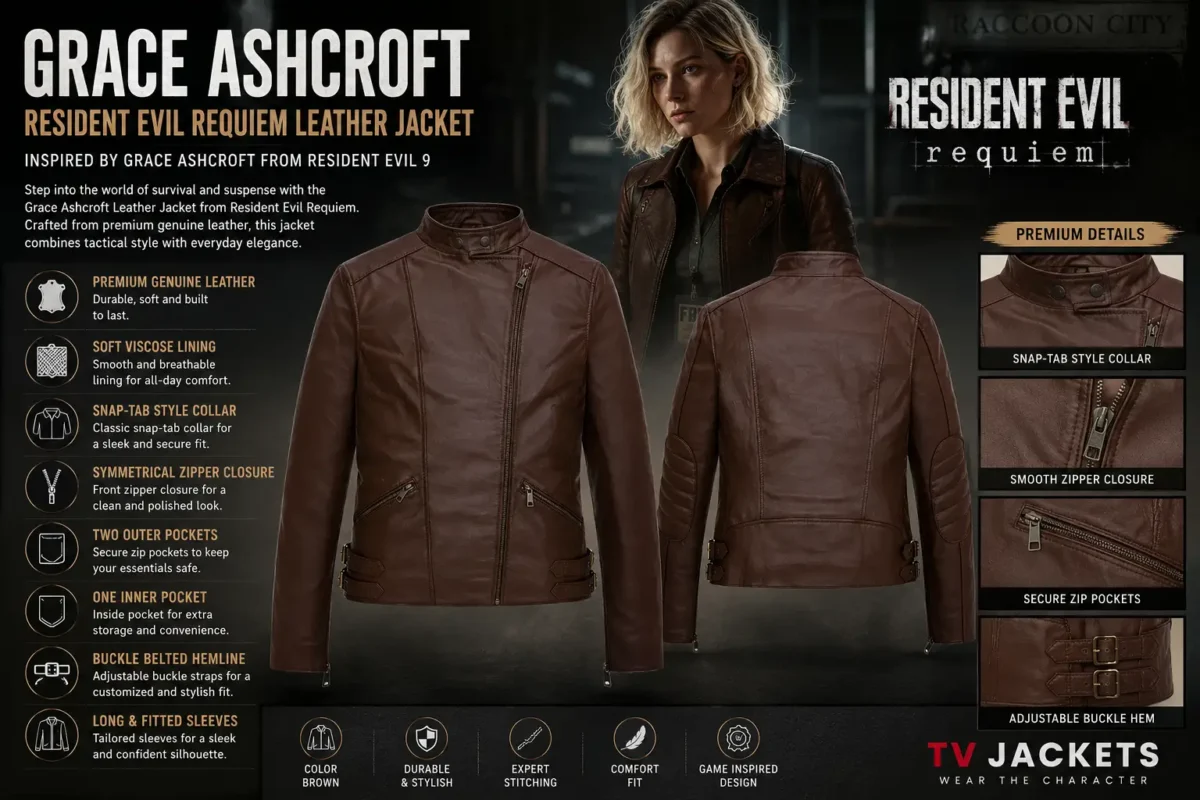 Grace Ashcroft leather jacket infographic showing snap-tab collar, zipper closure, and buckle hem at TV Jackets