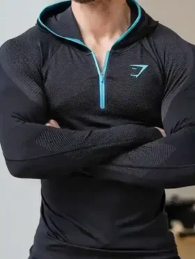 Front view of the classic gymshark onyx v5 hoodie in Black.