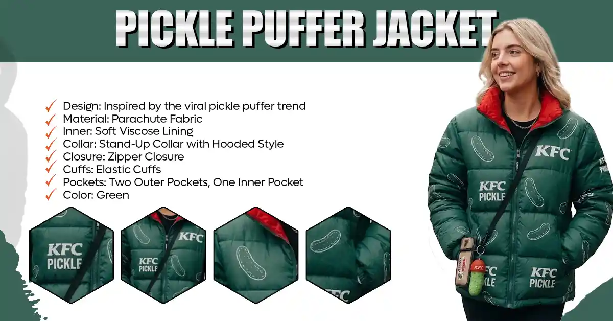 Technical infographic showing the Pickle Puffer Jacket features.