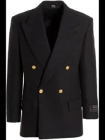 Close-up of the grey Gucci double breasted wool jacket with peak lapels and signature gold buttons as seen on Ryan Gosling.