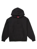 Front view of the essential black Supreme satin applique hooded sweatshirt.