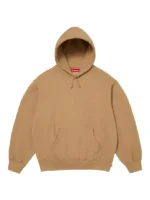 The front perspective of the earth-toned brown Supreme applique sweatshirt.