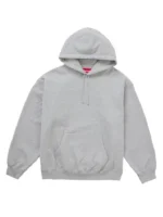 Front perspective of the classic heather grey Supreme applique hoodie.