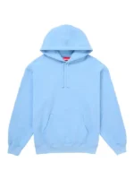 Front view of the fresh light blue Supreme satin applique sweatshirt.