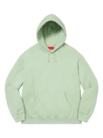 Front view of the fresh light green Supreme satin applique hooded sweatshirt.