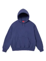 Front view of the deep navy blue Supreme satin applique hooded sweatshirt.