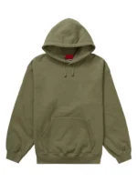 Front view of the military-inspired olive green Supreme satin hoodie.