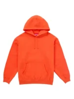 Front view of the high-visibility orange Supreme satin applique hoodie.