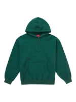 Front view of the deep pine green Supreme satin applique hooded sweatshirt.