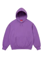Front view of the vibrant purple Supreme satin applique hoodie.