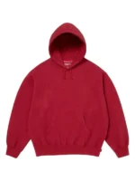 The front of the iconic bright red Supreme satin applique hoodie.