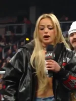 A high-quality black leather jacket inspired by Liv Morgan’s bold WWE RAW style.