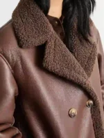 Close-up of the plush collar on the whipstitch shearling leather coat.