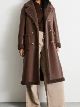 A stylish lifestyle look of the whipstitch shearling leather coat.