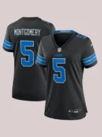 A sleek black alternate game jersey for women featuring blue and silver Detroit Lions accents.