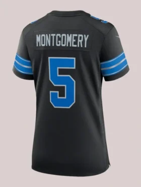 Back view of the black Detroit Lions jersey featuring Montgomery name and number 5.