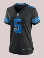 Front view of the black Women’s David Montgomery Lions jersey with blue and silver number 5.