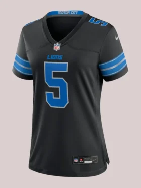 Front view of the black Women’s David Montgomery Lions jersey with blue and silver number 5.