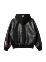 Full back view of the Liv Morgan black leather hooded bomber jacket.