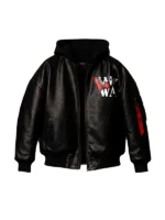 Front facing view of the black leather Liv Morgan jacket with zipper and pockets.