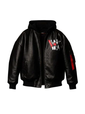 Front facing view of the black leather Liv Morgan jacket with zipper and pockets.