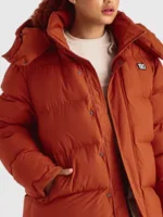 A focused view of the high-rise padded collar on the 1920 Orange Puffer Jacket for extra warmth.
