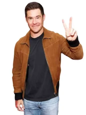 A detailed focus on the front fastening and zipper hardware of the Adam Devine Super Bowl 2026 Brown Suede Jacket.