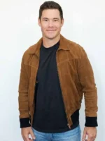 The front look of the Adam Devine Super Bowl 2026 Brown Suede Jacket featuring a classic collar and smooth finish.