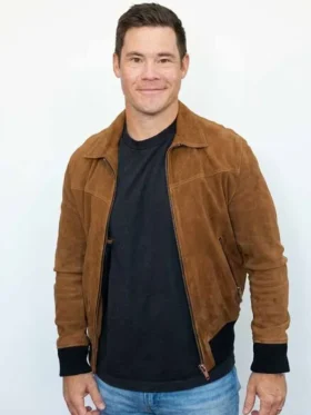 The front look of the Adam Devine Super Bowl 2026 Brown Suede Jacket featuring a classic collar and smooth finish.
