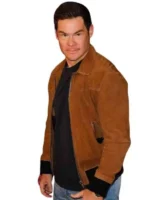 A side profile of the Adam Devine Super Bowl 2026 Brown Suede Jacket highlighting its soft nap and tapered sleeves.