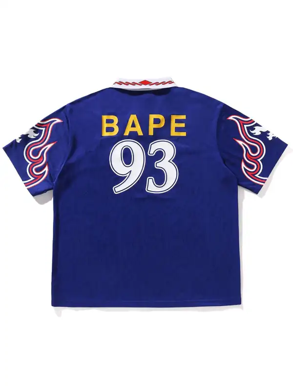 Rear profile of the Adidas Bape 93 Flame Jersey highlighting the continuous graphic theme and tidy stitching.