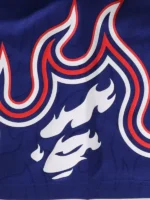 A focused look at the intricate flame embroidery and high-definition print quality on the Adidas Bape 93 Flame Jersey.