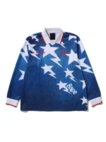 The front profile of the Adidas X Bape LS Star Jersey featuring a reinforced crew neck and central collaborative.