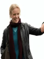 Amelia Eve Insidious Out of the Further Leather Jacket closure view showing front fastening detail