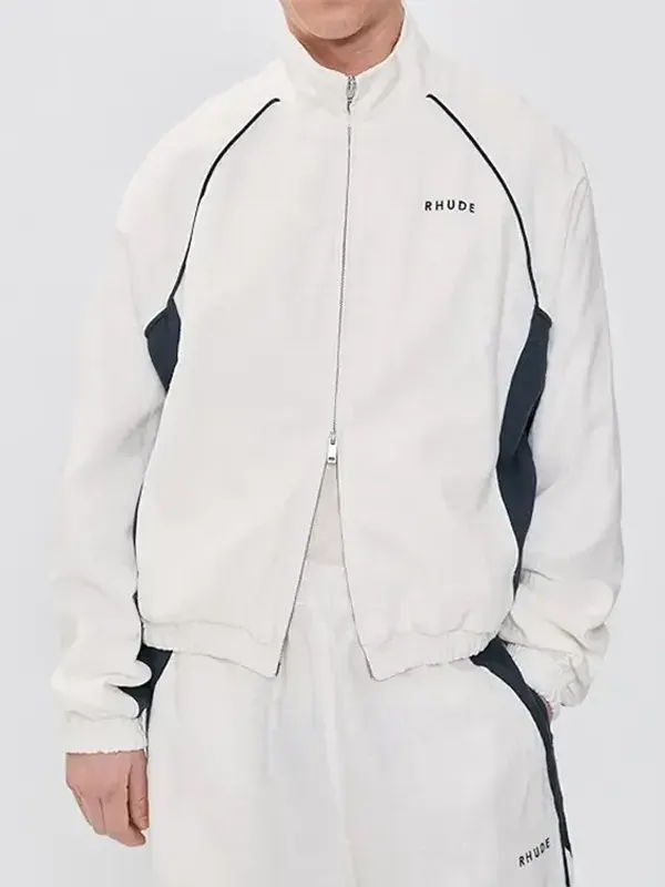 American Idol S23 White Track Jacket Front View Front view of the sleek American Idol S23 White Track Jacket.