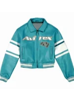 Avirex NY Womens Cropped Leather Jacket front view in aqua blue showing clean fit and style