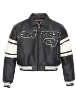 Avirex NY Womens Cropped Leather Jacket front view in black showing sleek fit and clean design