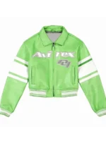 Avirex NY Womens Cropped Leather Jacket front view in green showing bold tone and clean fit