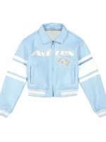 Avirex NY Womens Cropped Leather Jacket front view in light blue showing clean cropped design