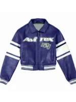 Avirex NY Womens Cropped Leather Jacket front view in navy blue showing clean fit and design