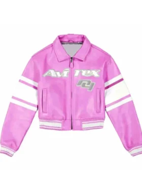Avirex NY Womens Cropped Leather Jacket front view in pink showing soft color and clean style