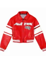 Avirex NY Womens Cropped Leather Jacket front view in red showing bold color and clean fit