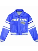 Avirex NY Womens Cropped Leather Jacket front view in royal blue showing fit and clean design