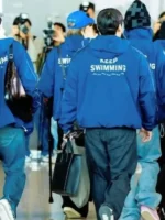 Rear profile of the BTS Keep Swimming Blue Jacket showcasing the smooth back panel and uniform color.