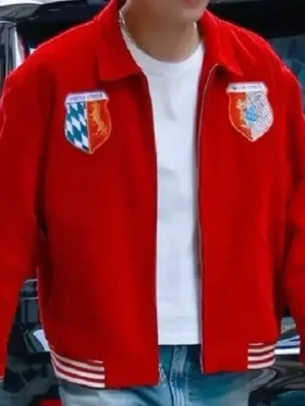 Front view of the classic BTS V Bode Wenham Red Souvenir Jacket.