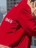 Side and rear profile of the BTS V Bode Wenham Red Souvenir Jacket.