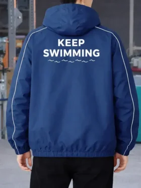 Rear profile of the BTS Keep Swimming Blue Jacket showcasing a seamless back panel and uniform color.