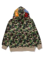Rear profile of the Bape x Adidas Camo Shark Full Zip Hoodie showcasing the continuous camo theme and clean tailoring.