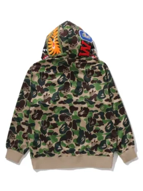 Rear profile of the Bape x Adidas Camo Shark Full Zip Hoodie showcasing the continuous camo theme and clean tailoring.