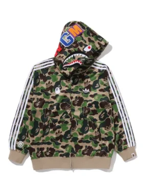 The front profile of the Bape x Adidas Camo Shark Full Zip Hoodie featuring the dual-branded logos and split shark face.